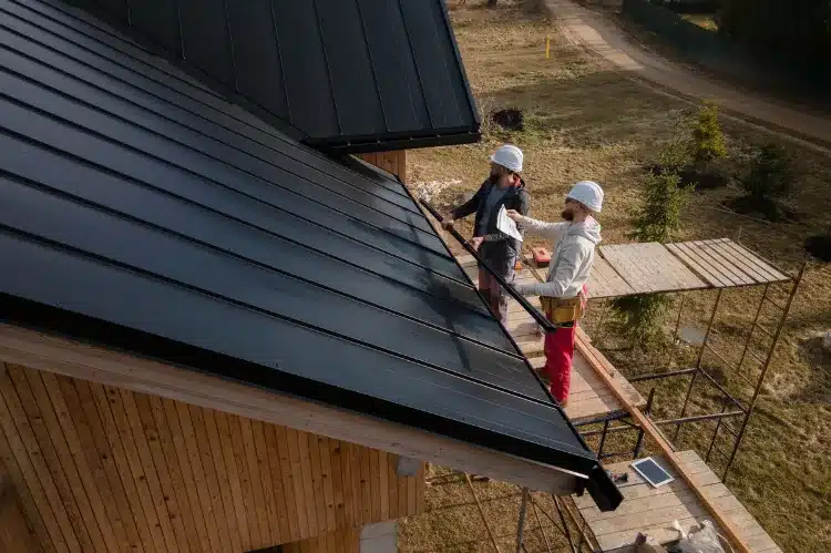 Two construction workers wearing safety helmets installing a black metal roof on a wooden house.