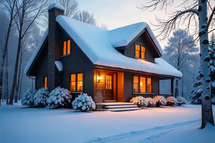 A cozy house in winter with a pristine, snow-covered roof
