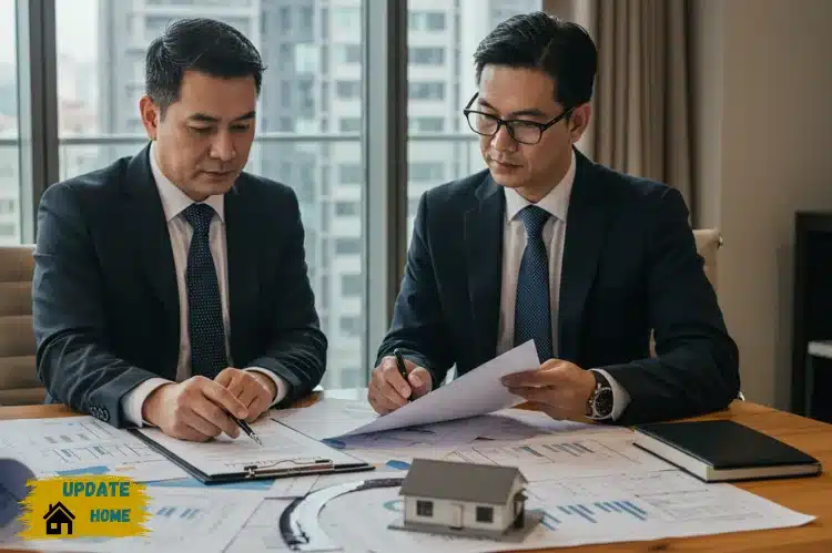 A professional investor reviewing real estate documents with a lawyer, modern office setting.
