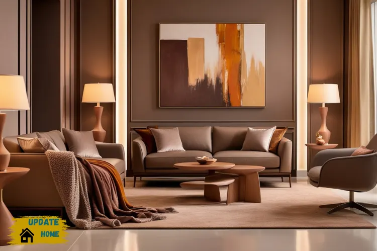 A stylish modern living space with walls, elegant furniture, and warm lighting.