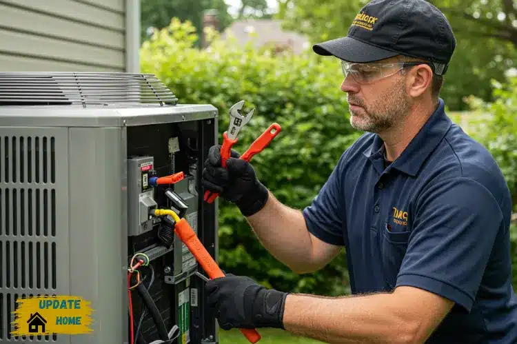 technician in a professional uniform working on an outdoor air conditioning unit with tools in hand.