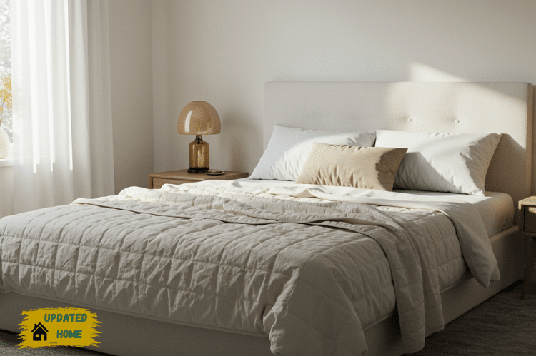 A cozy bedroom scene with a neatly made modern bed.