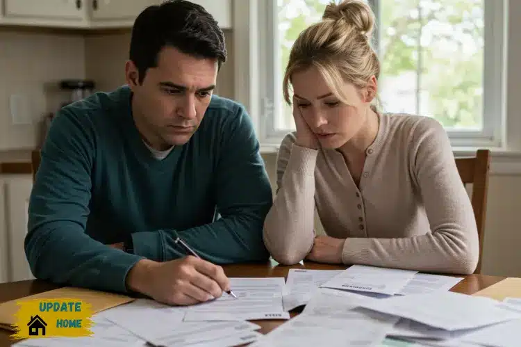 A worried homeowner couple sitting at a kitchen table filled with bills and IRS letters, looking stressed.