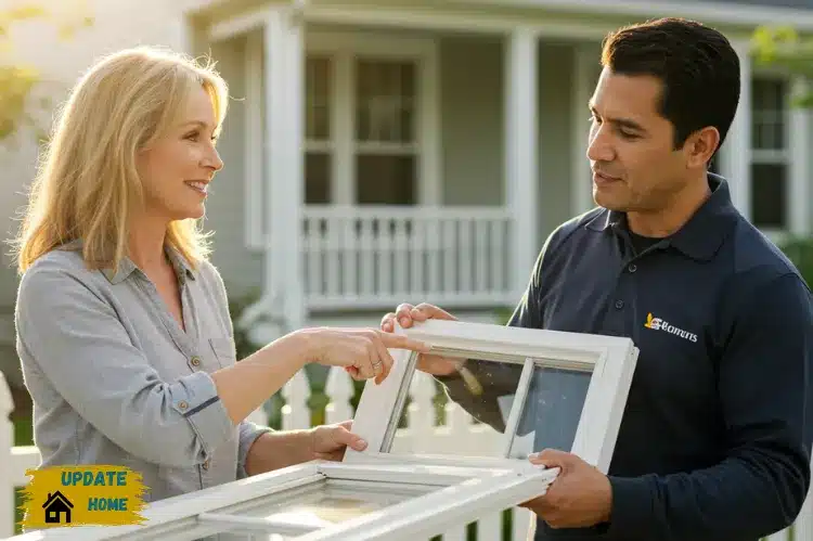 Homeowner talking to window contractor outside house, reviewing window samples.
