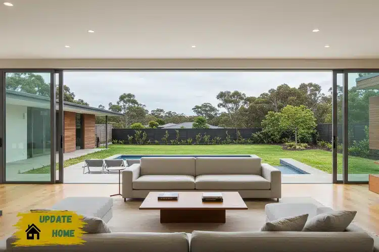 A modern Australian home living room with large glass sliding doors.