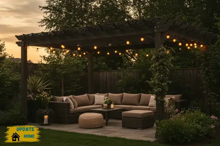 A cozy, stylish backyard oasis at sunset featuring a shaded pergola, twinkling string lights.