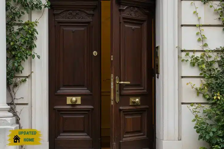 An elegant wooden front door slightly open symbolizing opportunity.