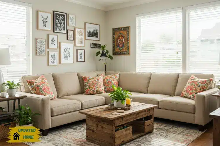 Modern living room with a mix of home decor updates.