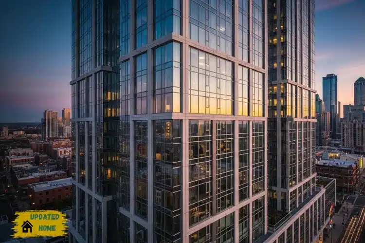 A modern high-rise building with gleaming glass windows.