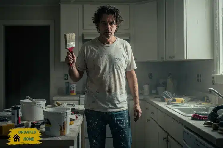 Frustrated person in a messy kitchen covered in sanding dust holding a paintbrush in one hand