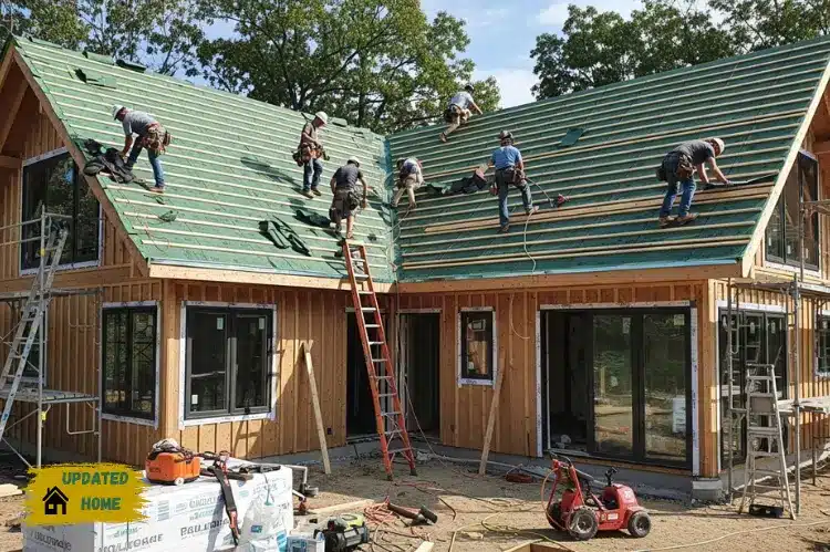 A cozy modern home under renovation, workers installing a new roof.