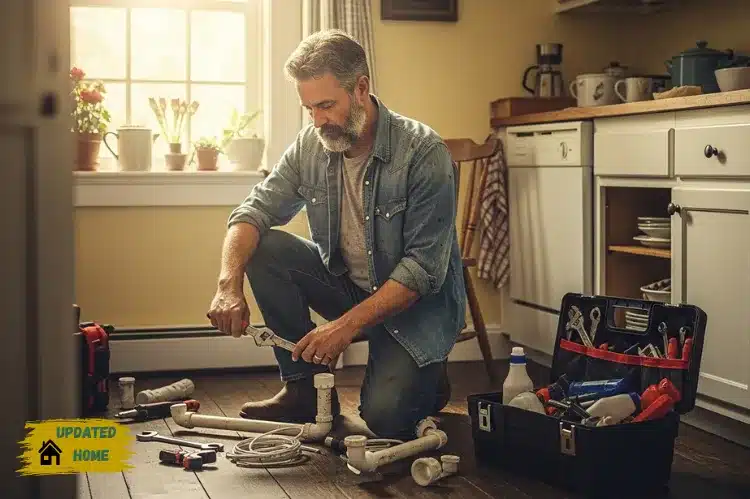 A man on a wooden kitchen floor while working on white PVC plumbing pipes.