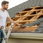 A concerned homeowner looking at a roof with missing shingles.