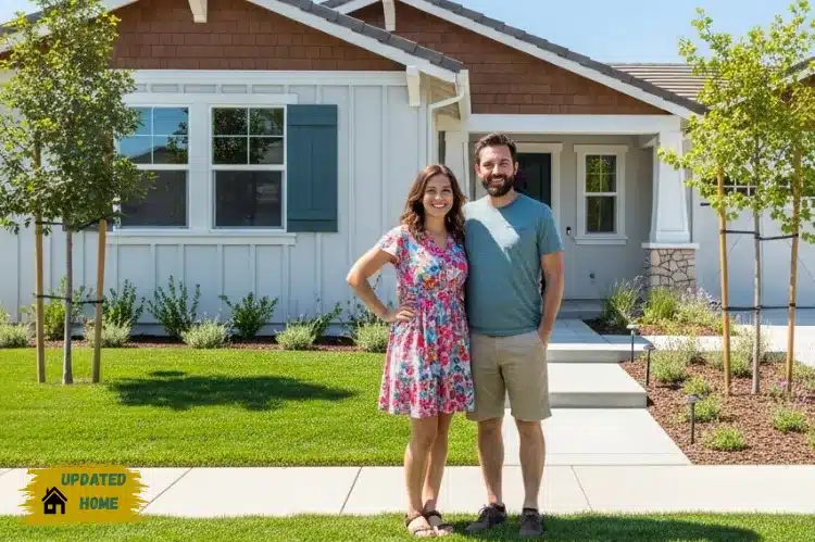 Happy couple standing in front of their new California home.