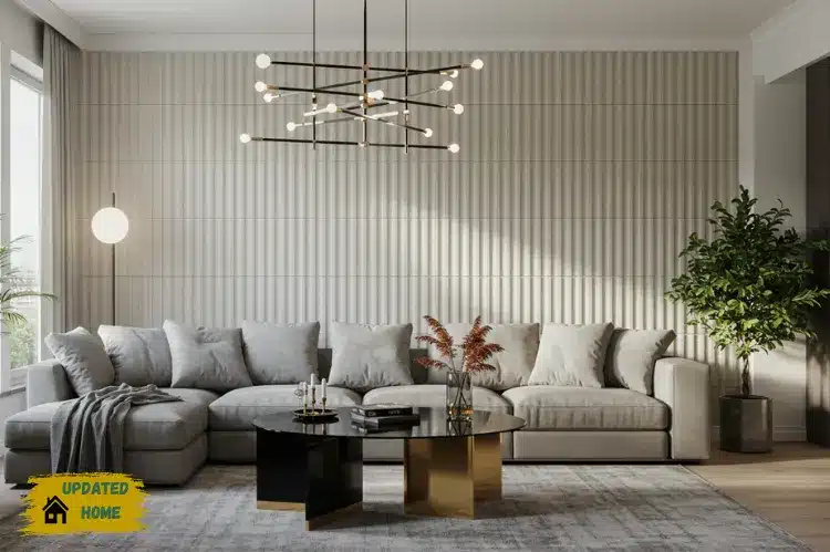 Modern living room with natural lighting and fluted tile feature wall.