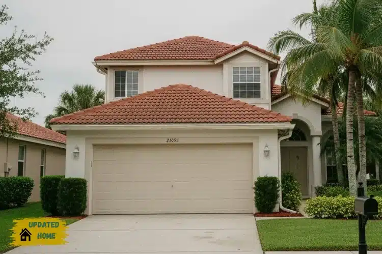 A cinematic shot of a garage door in a Florida home.