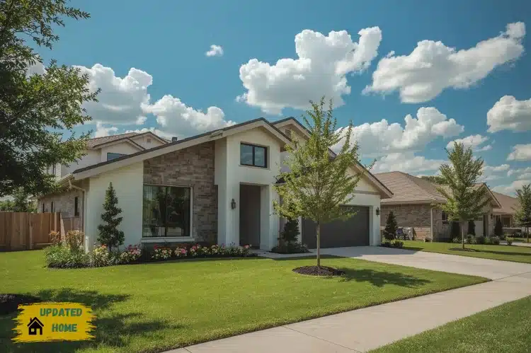 A modern suburban home in Houston during a scorching summer day.