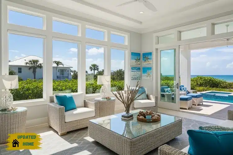 Bright and airy modern sunroom in a Florida coastal home.