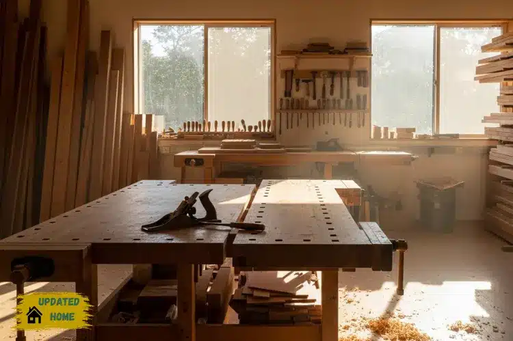 A clean woodworking studio with sunlight filtering through large windows.