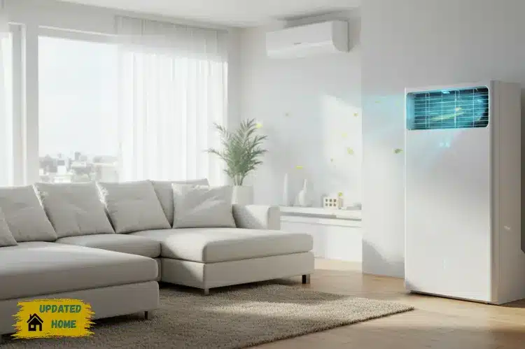 A modern air conditioner unit in a clean living room, glowing with fresh cool air.