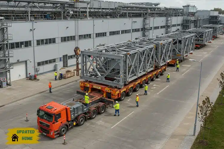 Modern industrial relocation concept, large manufacturing plant being moved.