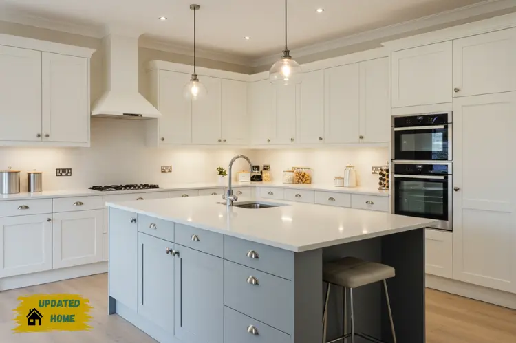 A stylish, modern kitchen with bright lighting and smart storage solutions.