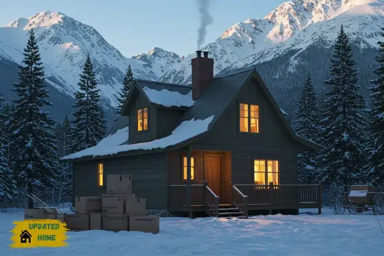 A cozy Alaskan cabin surrounded by snow-covered mountains, moving boxes stacked outside.