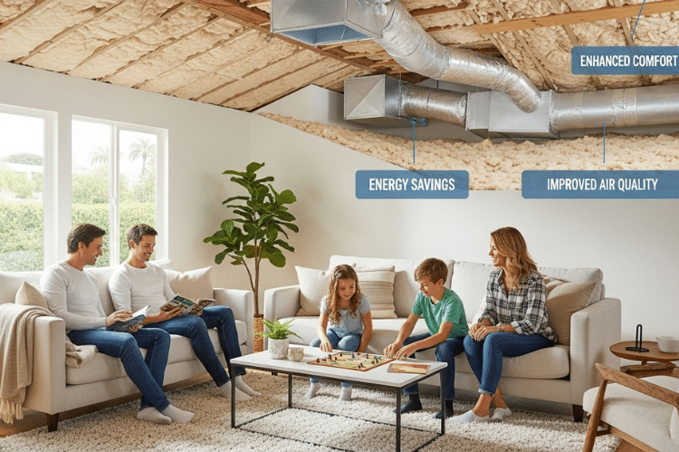 A happy family inside a modern Los Angeles home, relaxed in a comfortable living room.