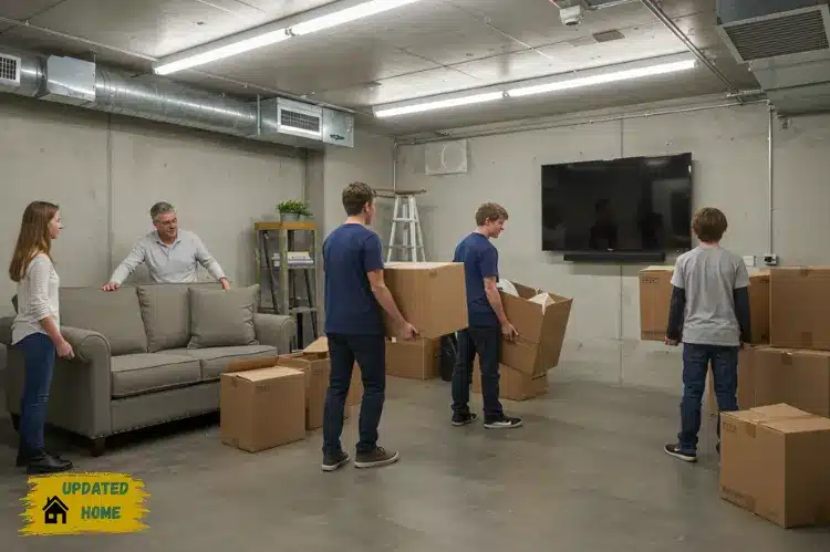 A family moving furniture and electronics into a clean climate-controlled storage unit.