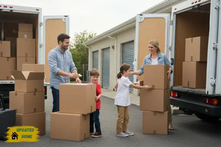 A happy family loading boxes and furniture into a moving van heading.
