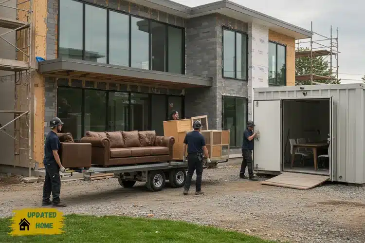 A neat modern home under renovation with furniture being safely moved into a secure storage unit.