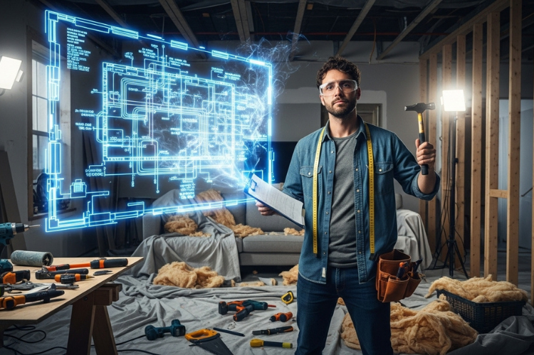 Confident homeowner at a half-renovated house, holding clipboard and materials, glowing blueprint in background.