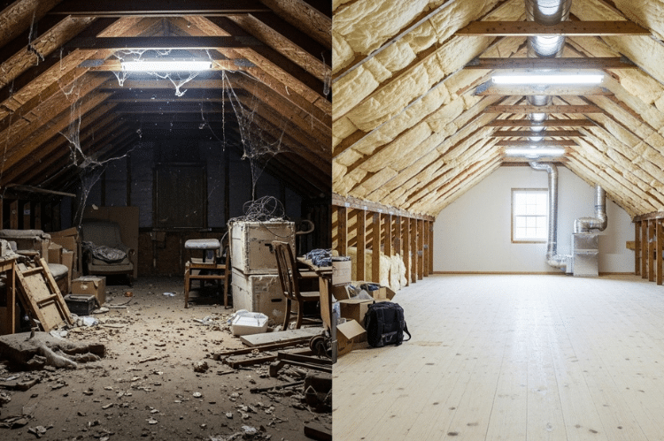 A Los Angeles attic shown before and after cleaning: one side cluttered, dusty, with pests, the other side spotless, insulated, and well-ventilated.