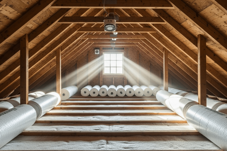 A clean, organized attic space with bright natural light streaming through a small window, dust-free beams, and no clutter.