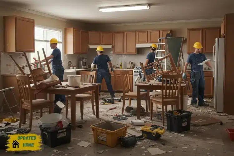 A messy kitchen filled with dining chairs and cookware blocking renovation workers.