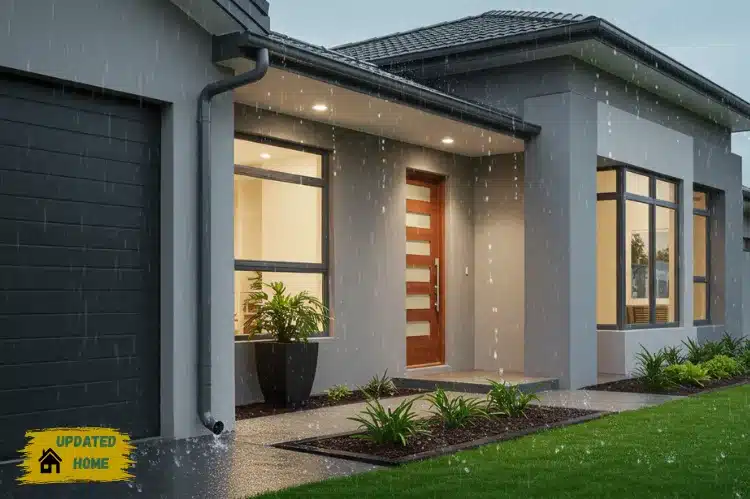 Modern suburban home under light rain, clean metal gutters with water flowing smoothly through gutter guards.