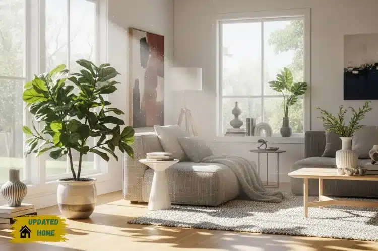 Modern cozy living room filled with natural sunlight, green indoor plants, and clean air atmosphere.