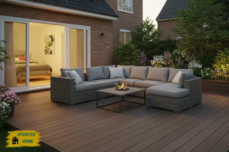 Modern backyard with composite decking, cozy outdoor furniture, greenery, and warm natural lighting.