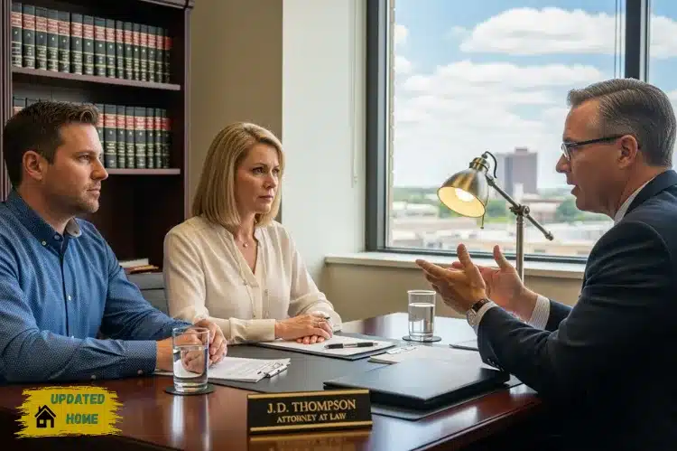 A spousal support legal consultation in Oklahoma — male and female clients sitting across from a lawyer at a wooden desk.