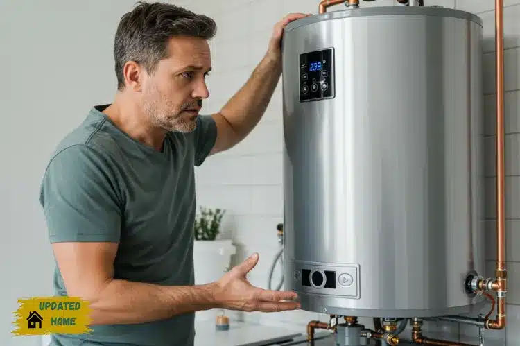 a frustrated homeowner standing near a modern water heater that has stopped working.