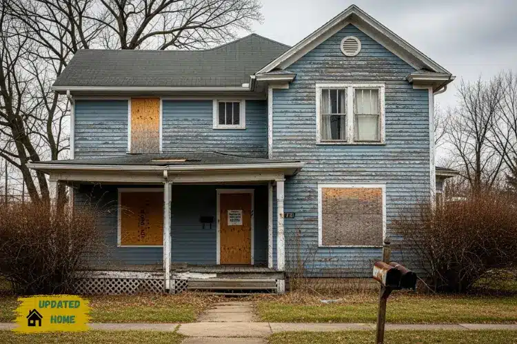 A realistic photo of a distressed Indianapolis home exterior.