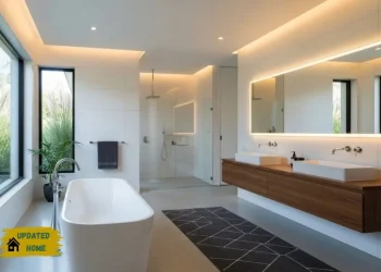 A modern luxury bathroom featuring an acrylic freestanding bathtub placed.