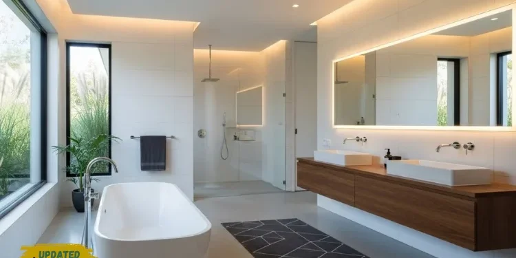 A modern luxury bathroom featuring an acrylic freestanding bathtub placed.