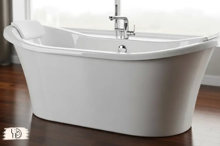 Acrylic freestanding bathtub showing smooth shiny surface, elegant curves.