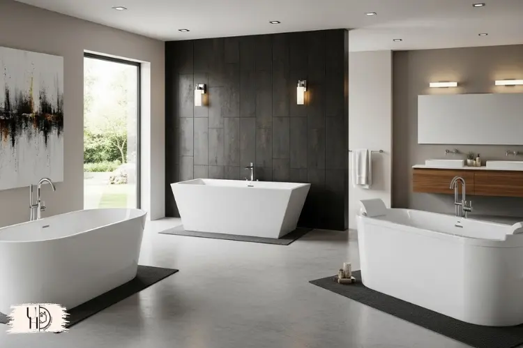 Modern bathroom featuring three acrylic freestanding bathtub styles.
