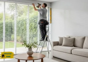 Modern home interior with a large window, a professional installer adjusting blinds using tools.