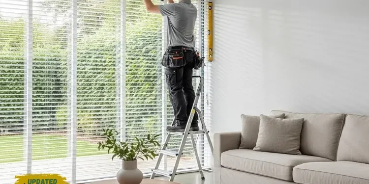 Modern home interior with a large window, a professional installer adjusting blinds using tools.