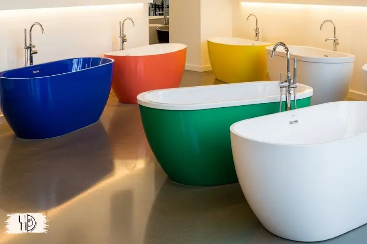 Collection of acrylic freestanding bathtubs in different colors.