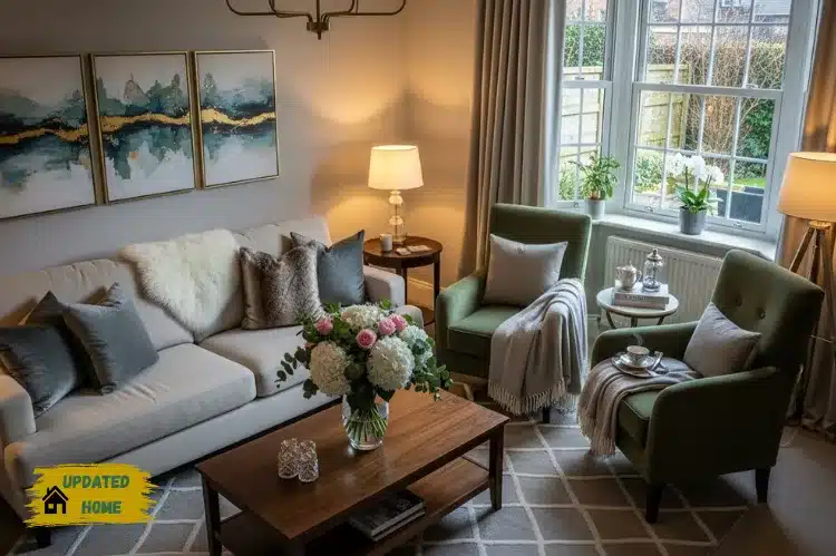 Beautifully staged living room with cozy lighting, fresh flowers, elegant table setup, and inviting decor.