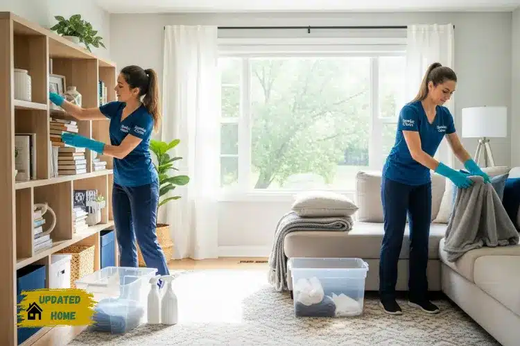 Professional cleaners organizing and decluttering a bright living room.